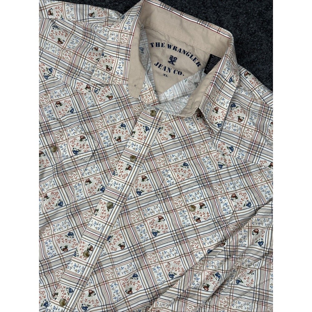 Wrangler 20X Pearl Snap Shirt Men’s XL Floral Plaid Ivory Cowboy Rodeo
